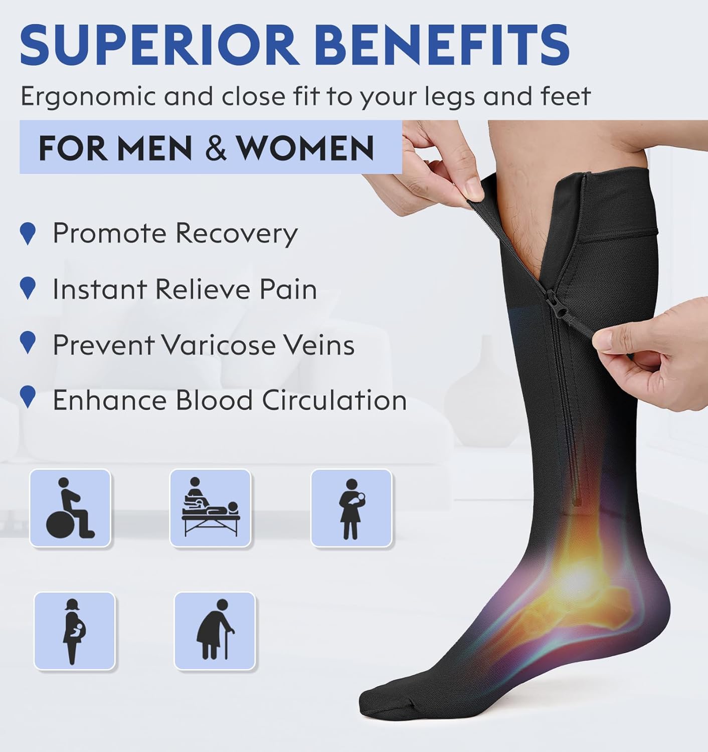 KEKING® Zipper Compression Socks for Men Women, Closed Toe, 20-30mmHg Firm Support Knee High Zipper Compression Stockings for Wide Calf - Varicose Veins, DVT, Shin Splints, Edema, Nursing, Black 4XL - Image 4
