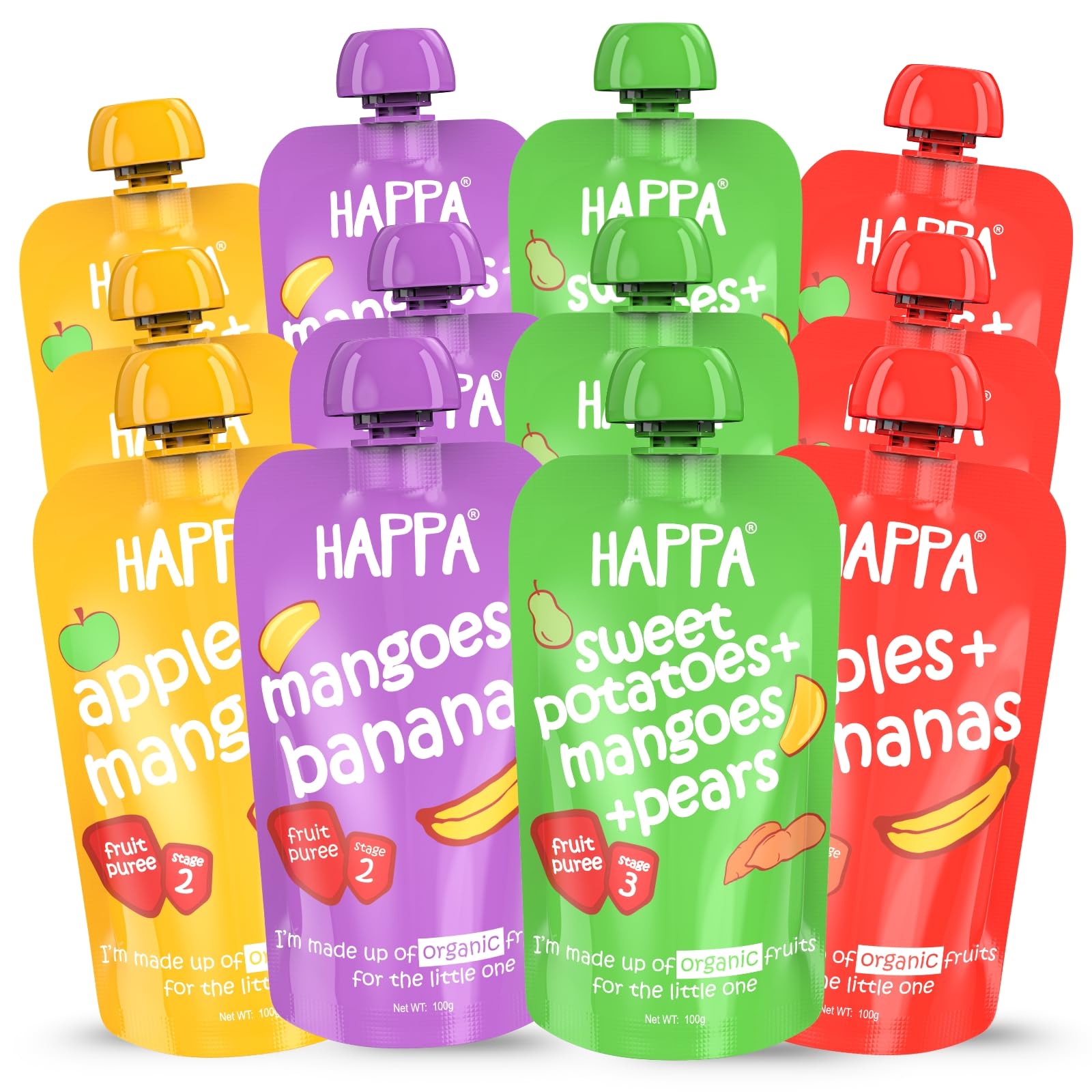 Happa Healthy Baby Food Puree | 100% Fruits & Vegetables | No Added Sugar, No Milk Powder, No Preservatives | Stage 2 (6 Months+) | Ready to Eat | Free from Common Allergens | Pack of 12 (100g Each)
