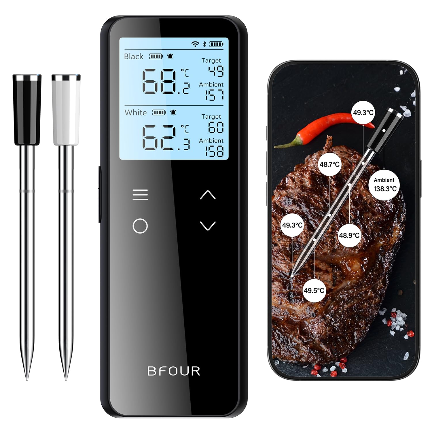BFOUR Termometro per carne senza fili con WiFi e Bluetooth, 100% impermeabile con 2 sonde, doppio monitoraggio della temperatura per barbecue, forno, arrosto – BF-80