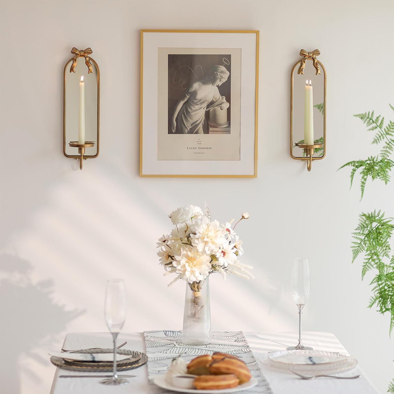 Gold Candle Sconces Wall Decor: Modern Decorative Wall Candle Holder Set of Two for Bedroom - Vintage French Metal Mirror Candle Sconces Beside Fireplace TV