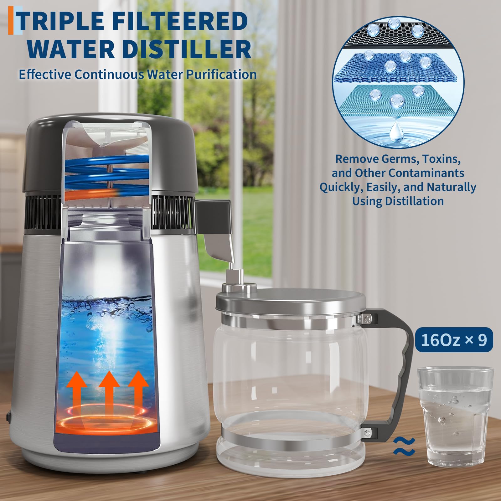 GarveeHome Destiladores de agua para encimera del hogar, máquina de agua destilada de acero inoxidable de 1 galón/4 L con recipiente de vidrio, kit de destilación de filtro purificador de bebidas de