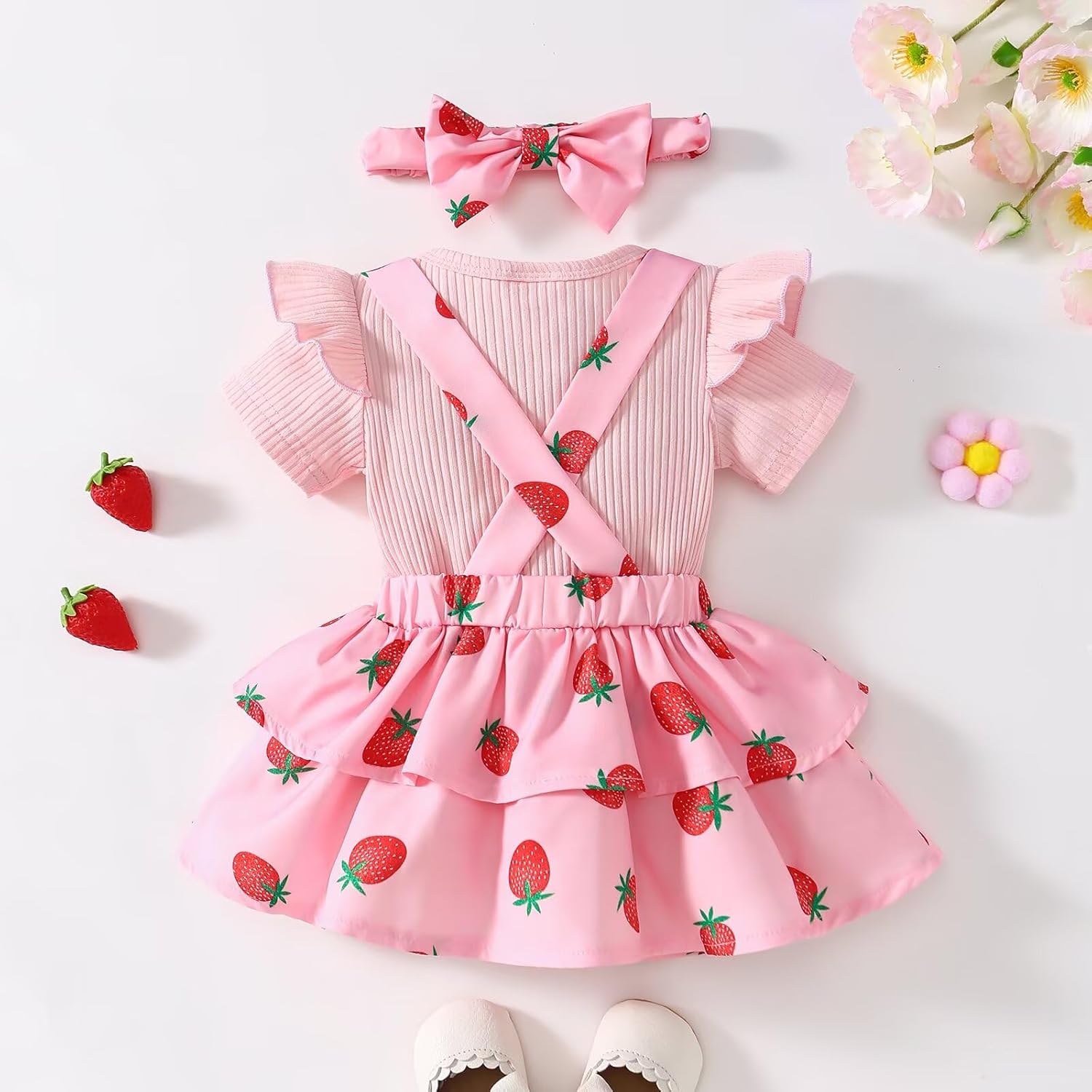 Baby Girl Summer Clothes Newborn Outfit Ruffle Romper Adjustable Suspender Overall Dress Bow Headband 0-24 Months - Image 3