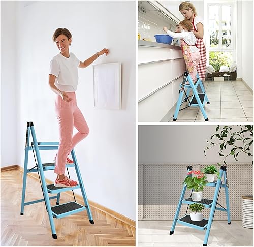 Miniatura 6 de Krightlink Escalera de escalón, taburete plegable con escalones de plataforma anchos, escalera plegable portátil de acero resistente para adultos,