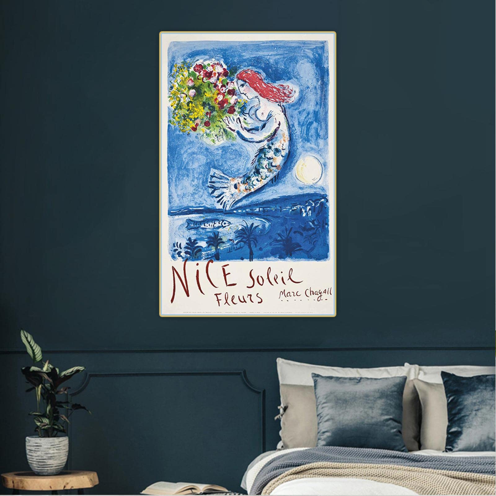 OUSHION ART Surrealismo Galería Arte mural Marc Chagall Flores Sirena Lienzo Pintura Impresiones Noche de luna Cartel de arte para decoración de guardería 105x60cm marco interno