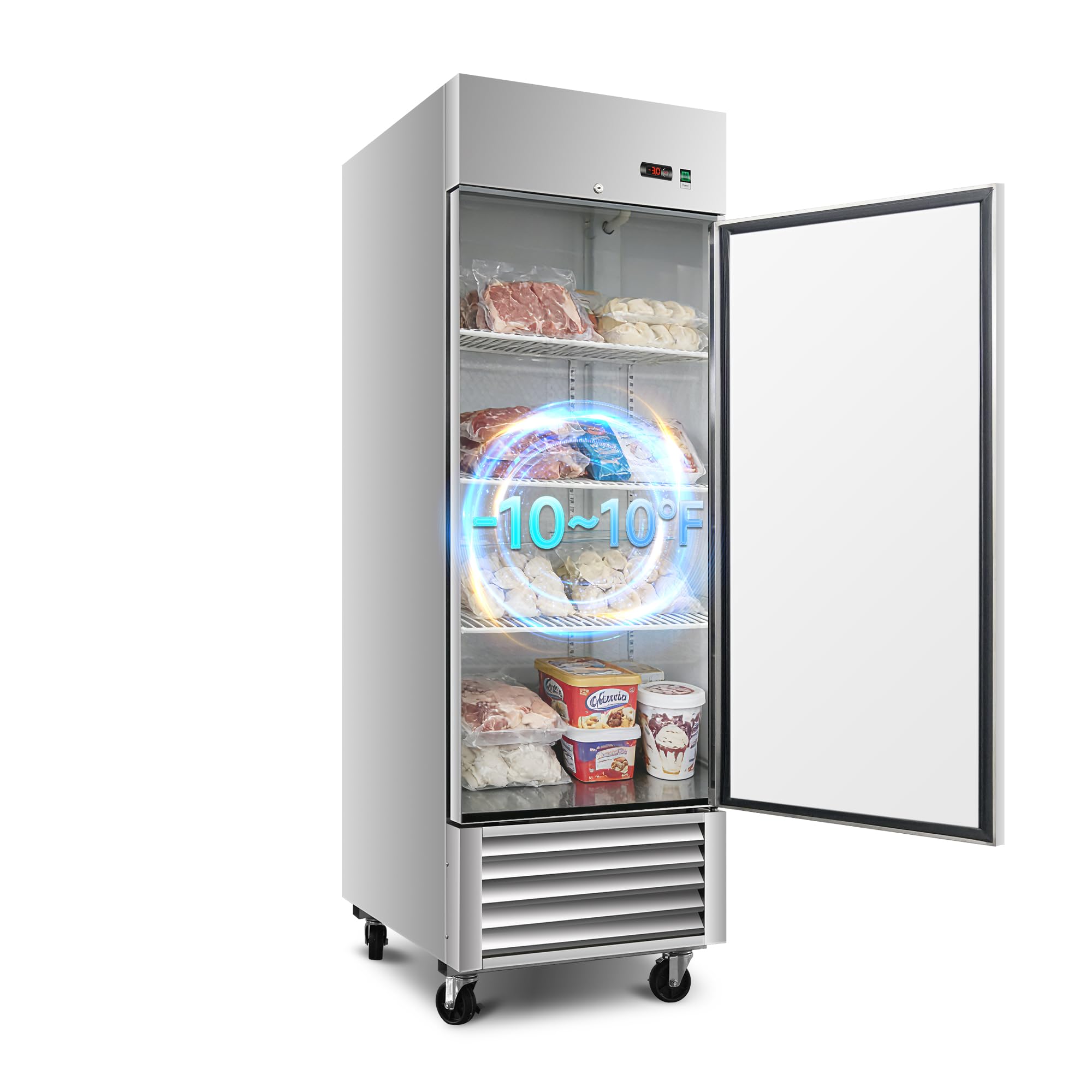 27" W Commercial Upright Freezer with Single-Door: 23 Cubic Feet Storage, Adjustable Shelving, Automatic Defrosting, Precision Digital Thermostat, LED Lights, Safety Locks