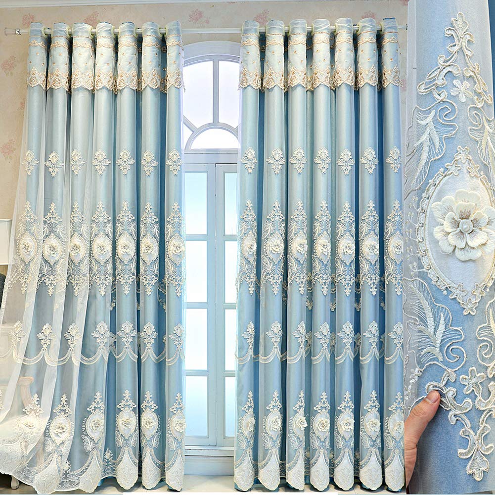 HAPPLiGNLY Blackout Curtain Double Layer for Living Room,Pretty Lace Embroidery Sheer Voile Shading Curtain,Darkening Window Drape Valance Panel,Girl Bedroom Solid Thermal Insulated Eyelet Cu