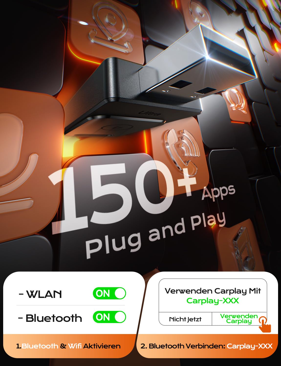 für Apple Carplay Wireless Adapter, 3X Autoverbindung, Keine Latenz, Plug&Play, Wireless Carplay Adapter, 2026 Mini Car Play Kabellos Dongle für GPS-Geräte mit Navigation, USB A/C (Schwarz)