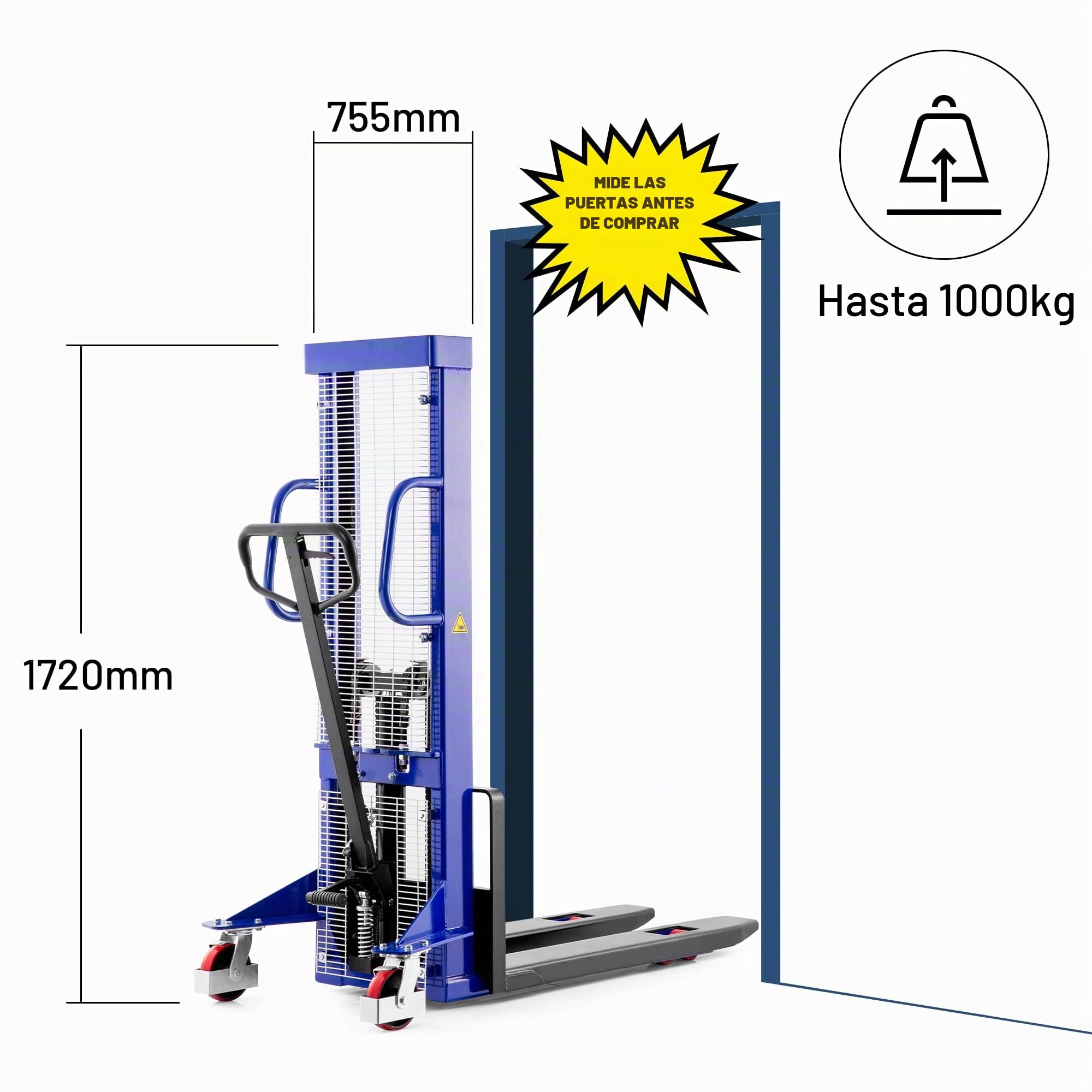 Pallit Carretilla elevadora hidráulica LIFT-S | Capacidad de elevación 1t/1000 kg | Altura 1,2m/1200 mm | poliuretano Neumáticos