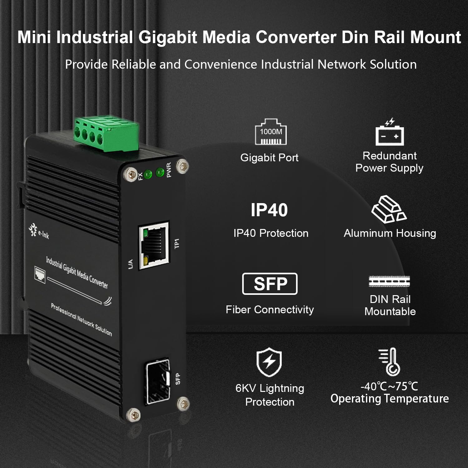 Mini Industrial Gigabit Media Converter Outdoor Use Din Rail Mount Hardened 10/100/1000Mbps RJ45 Ethernet to Fiber Optic Converter with 100Base-FX or 1000Base-FX Auto Sensing SFP Port 12~48V DC Input