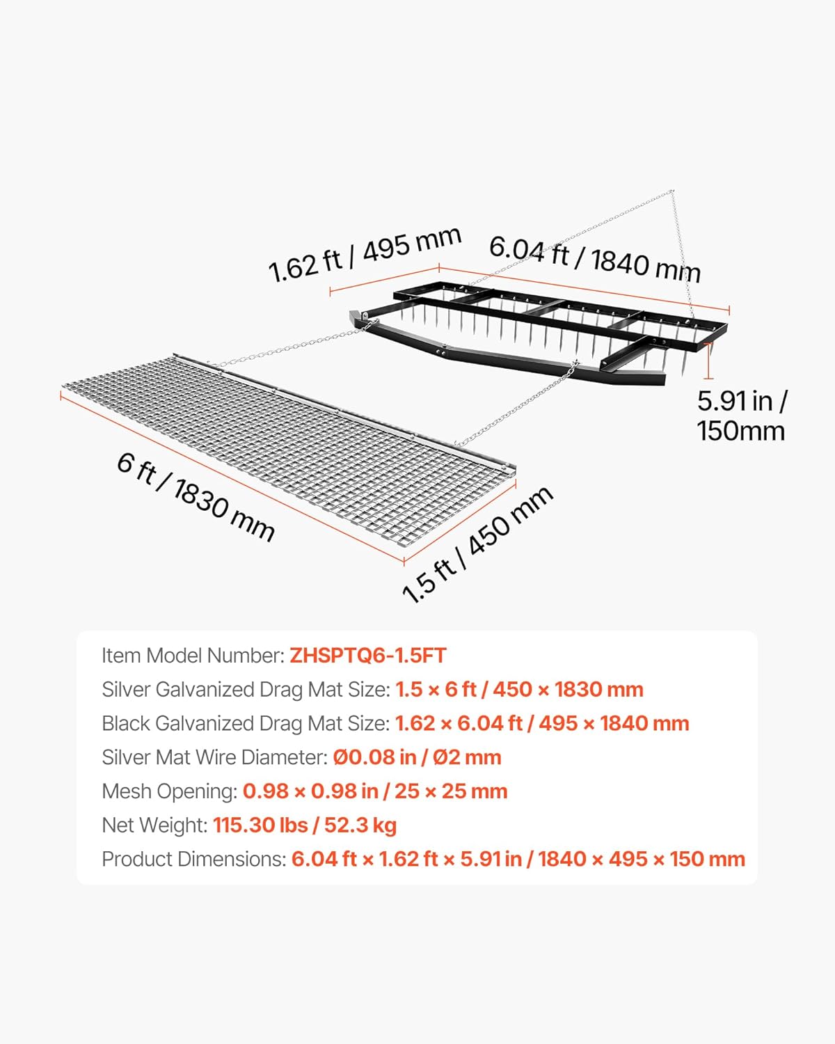 VEVOR Drag Harrow, 6 ft Tow-Behind Driveway Grader with Chain Harrow, Adjustable Width & 80lbs Load Capacity, Heavy Duty Lawn Leveling Rake, Fits ATVs UTVs Tractors, for Gravel Driveway Field