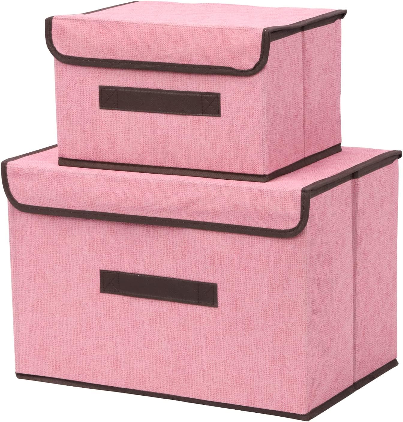 2pcs Pink Linen Foldable Storage Bins with Lids Kit, Large Collapsible Fabric Stroage Box, Stackable Storage Containers Closet Organizers for Home Office Storage