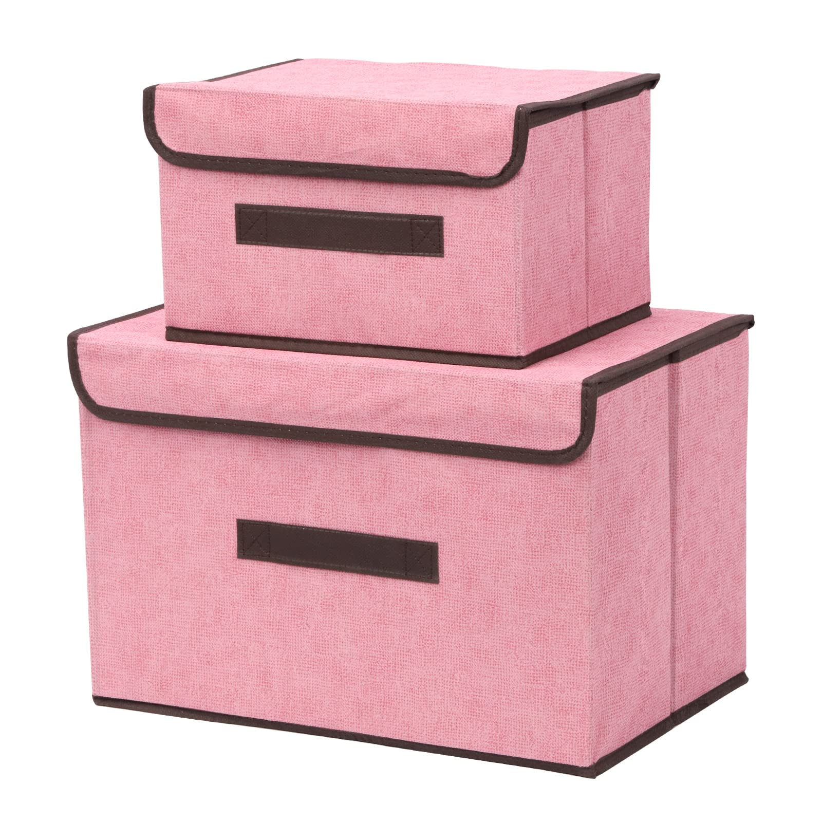 2pcs Pink Linen Foldable Storage Bins with Lids Kit, Large Collapsible Fabric Stroage Box, Stackable Storage Containers Closet Organizers for Home Office Storage