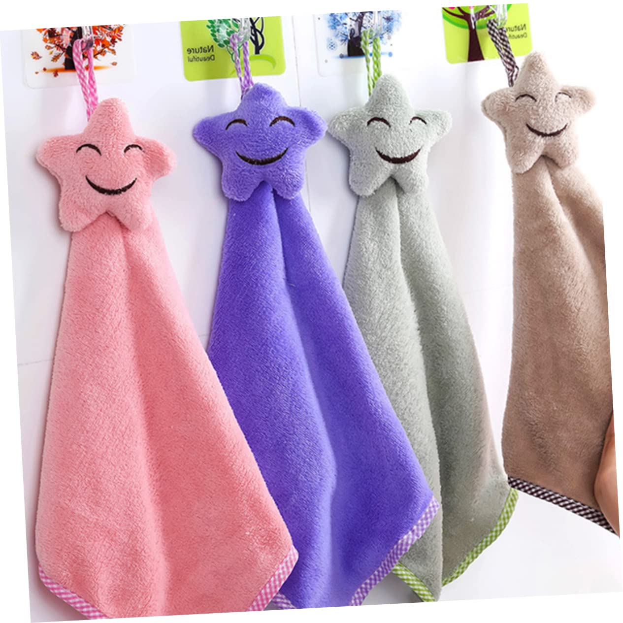 Lot De 5 Serviettes De Bain En Polaire Suspendues - Motif étoile Corail, Beige, 42x22 Cm, Super Absorbantes - 4