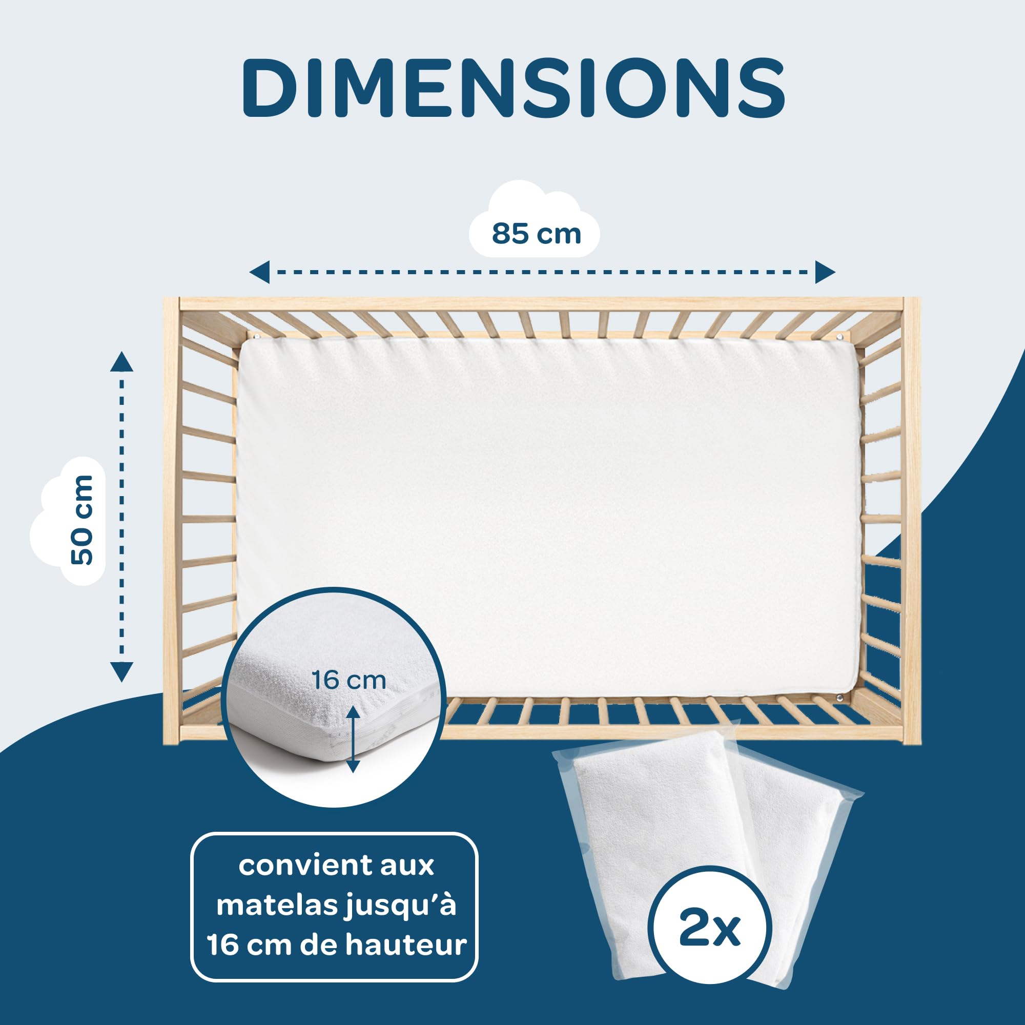 DOLCI SOGNI Protège-Matelas Lit Bébé 50x85 cm (Lot de 2) – Imperméable, Respirant, Antibactérien – Coins Élastiqués – Doux – Lavable à 60 °C – Certifié Oeko-Tex – Fabriqué en Europe