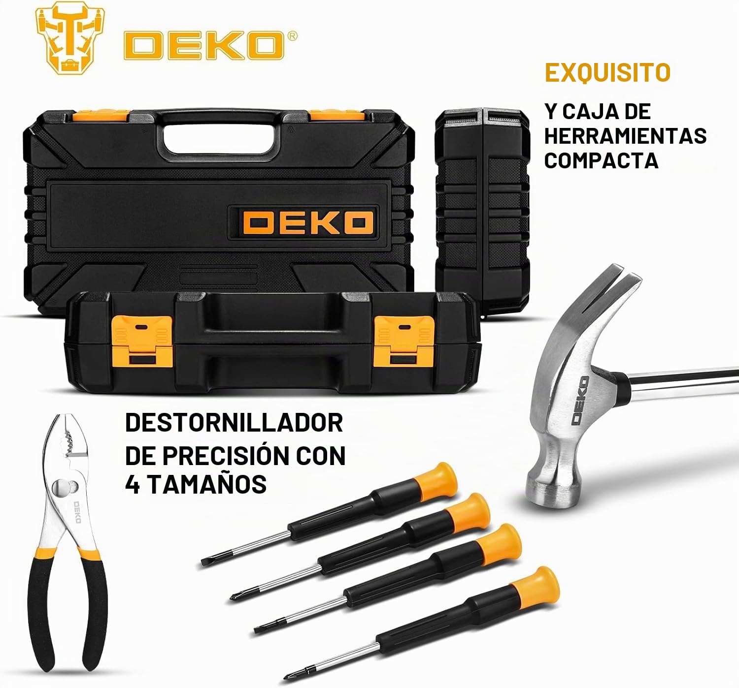 DEKOPRO Juego de 62 Herramientas Manuales, Caja de Herramientas Pequeña y Portátil, para hogar, oficina, bricolaje y reparaciones, Amarillo