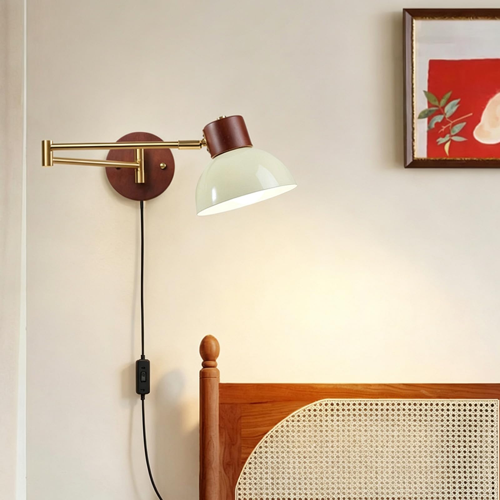 Lampa ścienna z wtyczką i przełącznikiem, styl vintage, E27, oświetlenie ścienne, wychylne ramię wysuwane, składana, lampa ścienna do salonu, sypialni, stolika nocnego korytarza (naturalne