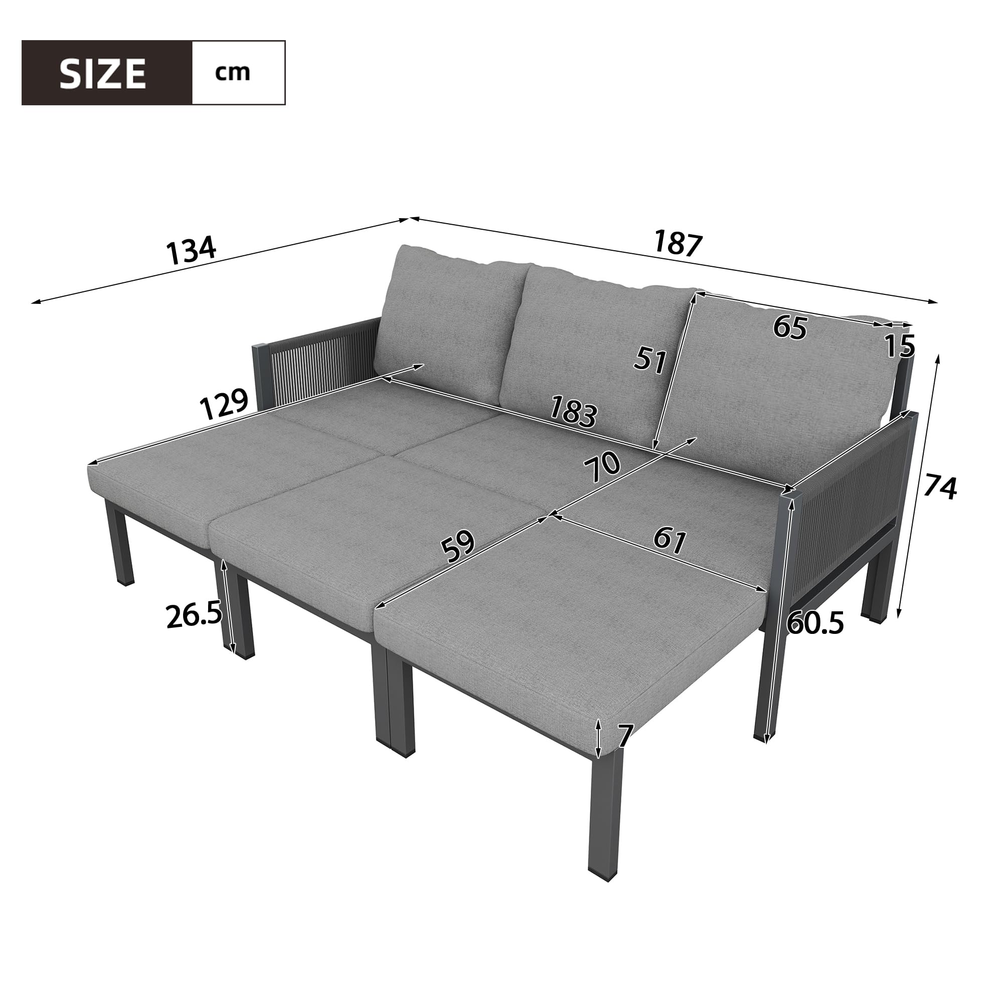 Gartenmöbel-Set, Outdoorsofa, 3-Sitzer-Sofa, Multifunktionales Sofa, lässt Sich in einen Liegesessel verwandeln, verzinktes Eisen (Grau)