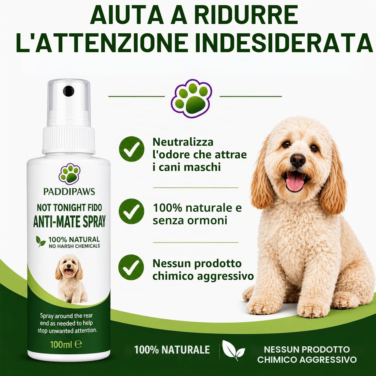 Not Tonight Fido Bitch Spray 100% Naturale Anti-Mate Spray per Cani Aiuta a scoraggiare l'attenzione indesiderata dei cani maschi.
