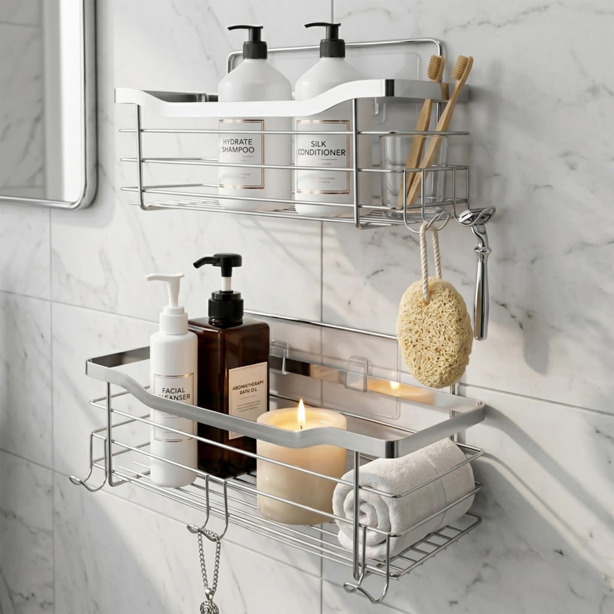 IBELL Stainless Steel Wall-Mounted Floating Shelf for Bathroom, Living Room and Kitchen | Corner Rack for Bathroom | Shampoo Holder Multipurpose Bathroom Shelf with Adhesive(Pack of 2) IBL FX-05-picture-31