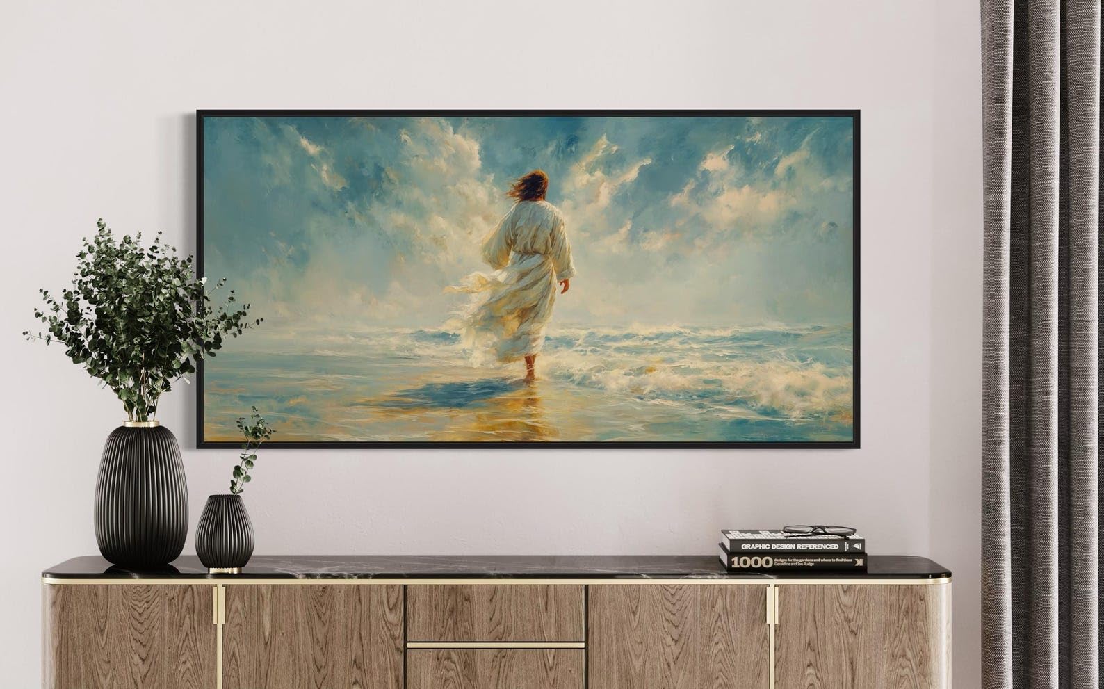 LMYCHENG Walking on water decorative painting – Christian wall art, religijne plakaty z motywami oceanicznymi, inspirujący obraz do dekoracji wnętrz (20 x 40 cm / rama wewnętrzna)
