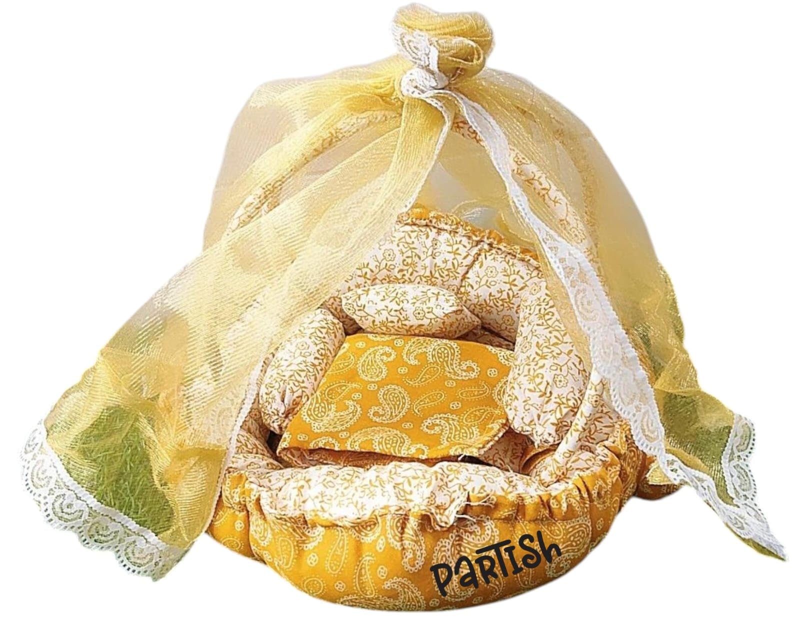 PARTISH Laddu Gopal Premium Mosquito Net Cotton Bed for Size 4,5 & 6| Ladoo Gopal Machardani | Kanha Ji Bedding Set| Thakur Ji | Krishna Ji Bistar with 2 Booster, 1 Pillow & 1 Top Sheet (Yellow) 1