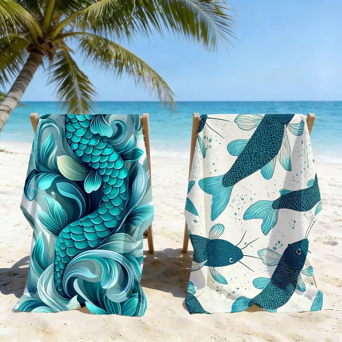 Toalla Playa 100x220 cm, Toalla Gimnasio Microfibra Secado Rapido, Juego de 2 Antiarena Toallas de Playa, Ligera Compacta Toallas Microfibra Grande para Viaje, Regalo Hombre Regalo Mujer (Pez) -5143