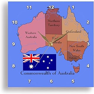 3dRose Wall Clock Silent - 13 inch - The map and Flag of The Commonwealth of Australia with States and Territories Marked. - Flags and Maps - Australia