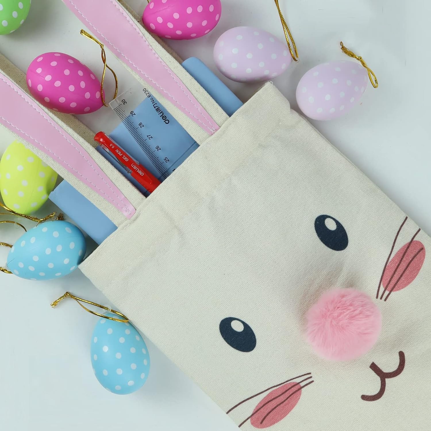 ATFUNSHOP Easter Canvas Tote Bag for Kids Reusable Easter Bunny Bags Baskets for Easter Egg Hunt - Image 3