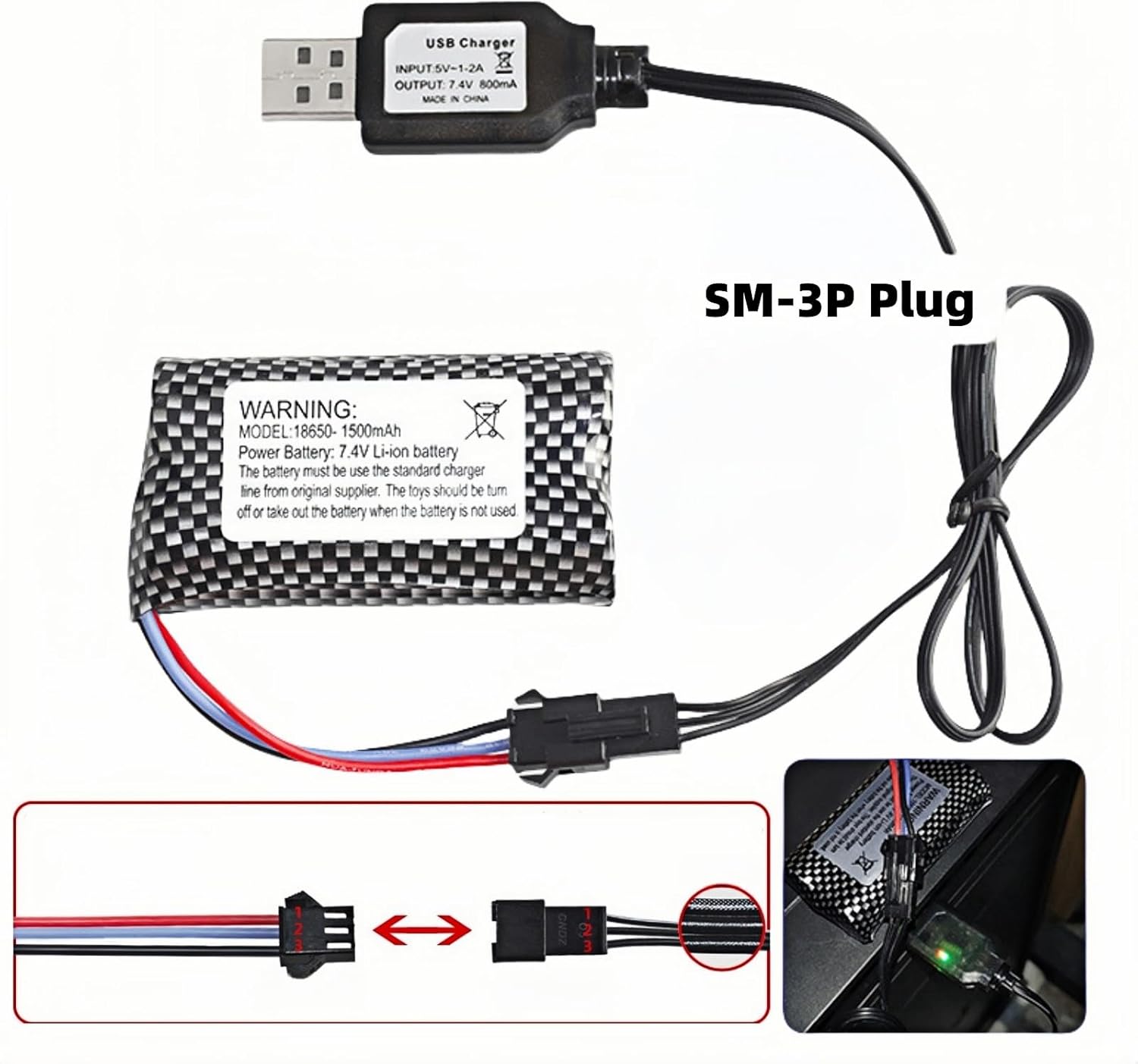 2 Pack 7.4V 1500mAh Li-ion SM3P Plug Rechargeable Battery with 2 USB Charger Cable for MN99s MN99 MN98 MN 82S MN128 MN78 SGP06 RC Jeep Huina 1575 RC Construction Truck