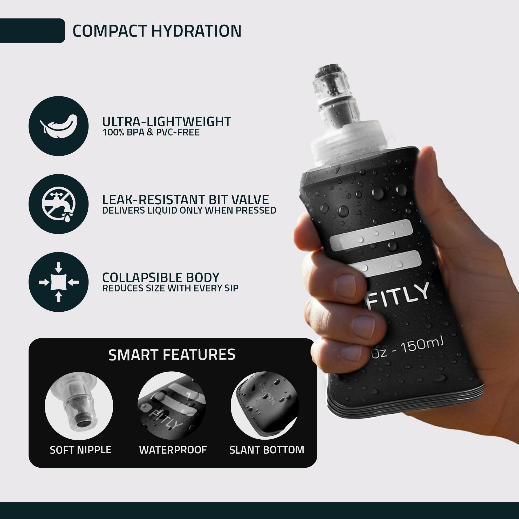 FITLY FLASKS Combo - 3 frascos suaves para hidratación mientras corres, senderismo, ciclismo, escalada, botellas de agua plegables (5-95-13 onzas, 150-250-400 ml), color negro