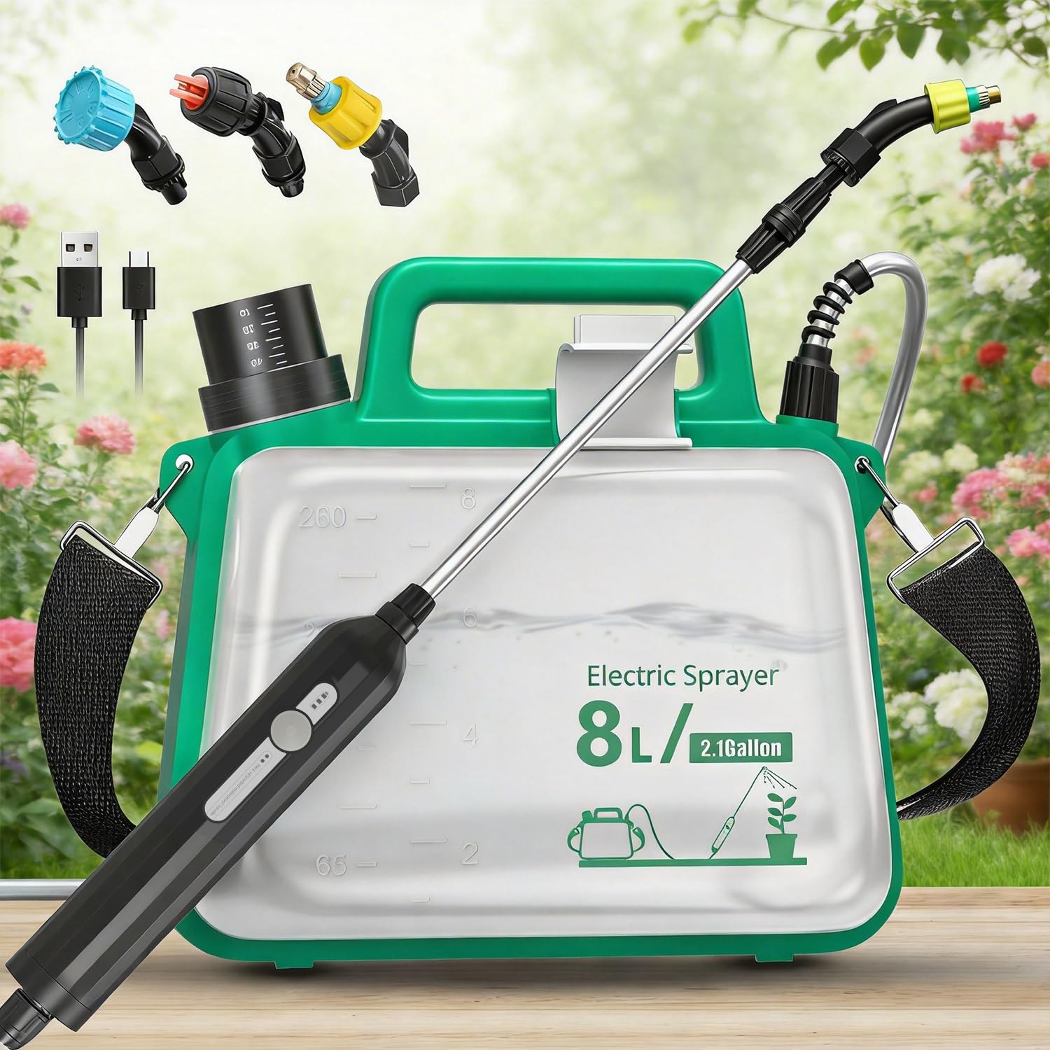 Photo 1 of 2026 Upgrade Battery Powered Garden Sprayer 2 Gallon, Electric Sprayer with USB Rechargeable Handle,3 Mist Nozzles, Retractable Wand, Adjustable Shoulder Strap,Weed Sprayers in Lawn & Garden