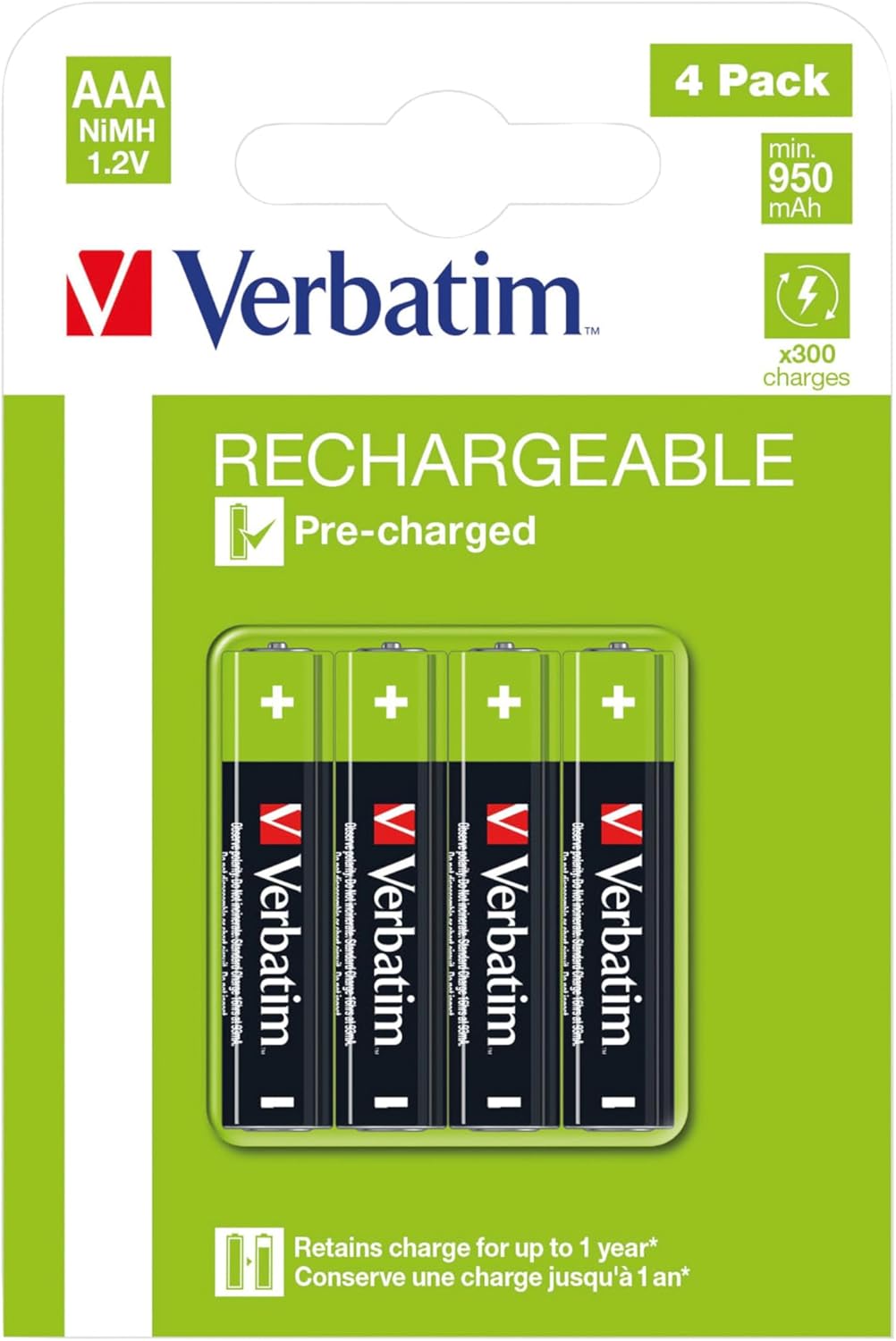 Verbatim Rechargeable Battery AAA 4 Pack / HR03 49514, Single-use, W126181780 (Pack / HR03 49514, Single-use Battery, AAA, Nickel-Metal Hydride (NiMH), 1.2 V, 4 pc(s), 950 mAh)