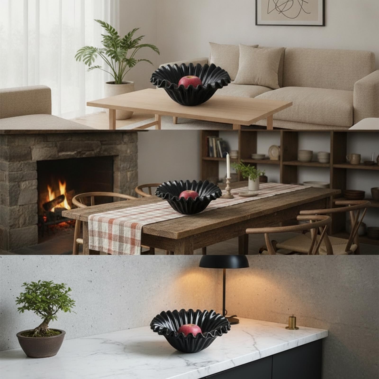 perfk Tazón Industrial para Frutas en Cerámica Diseño Ondulado con Pedestal Decoración Funcional y Práctica Adecuado para Recibidor y Oficina, Negro, 26 12.7cm