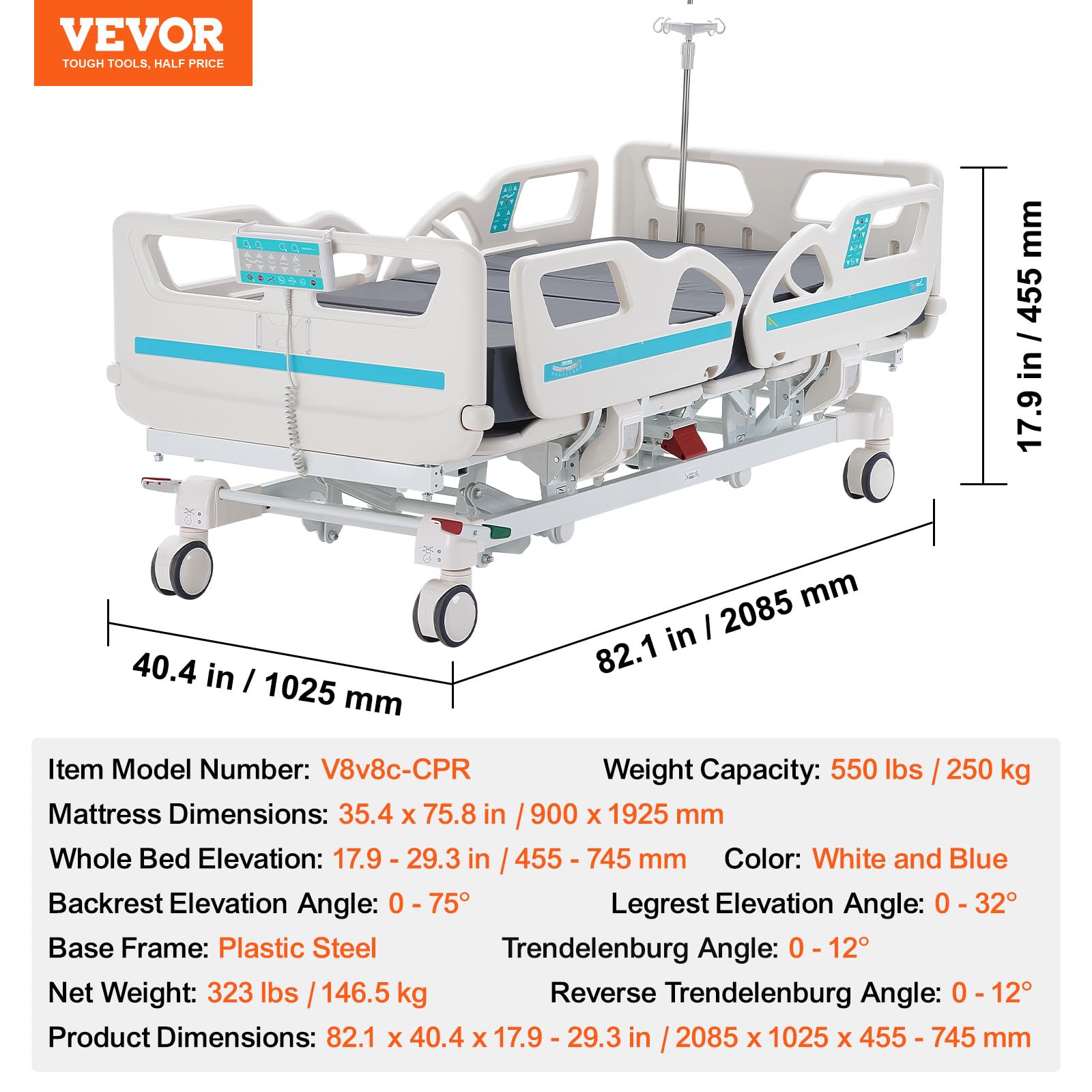 VEVOR Letto Ospedaliero con 5 Funzioni, Letto per Terapia Intensiva Medica Elettrico con Posizione Sedia Cardio, Trendelenburg Inverso, Rotelle Bloccabili per Uso Ospedaliero Domestico Carico 250kg