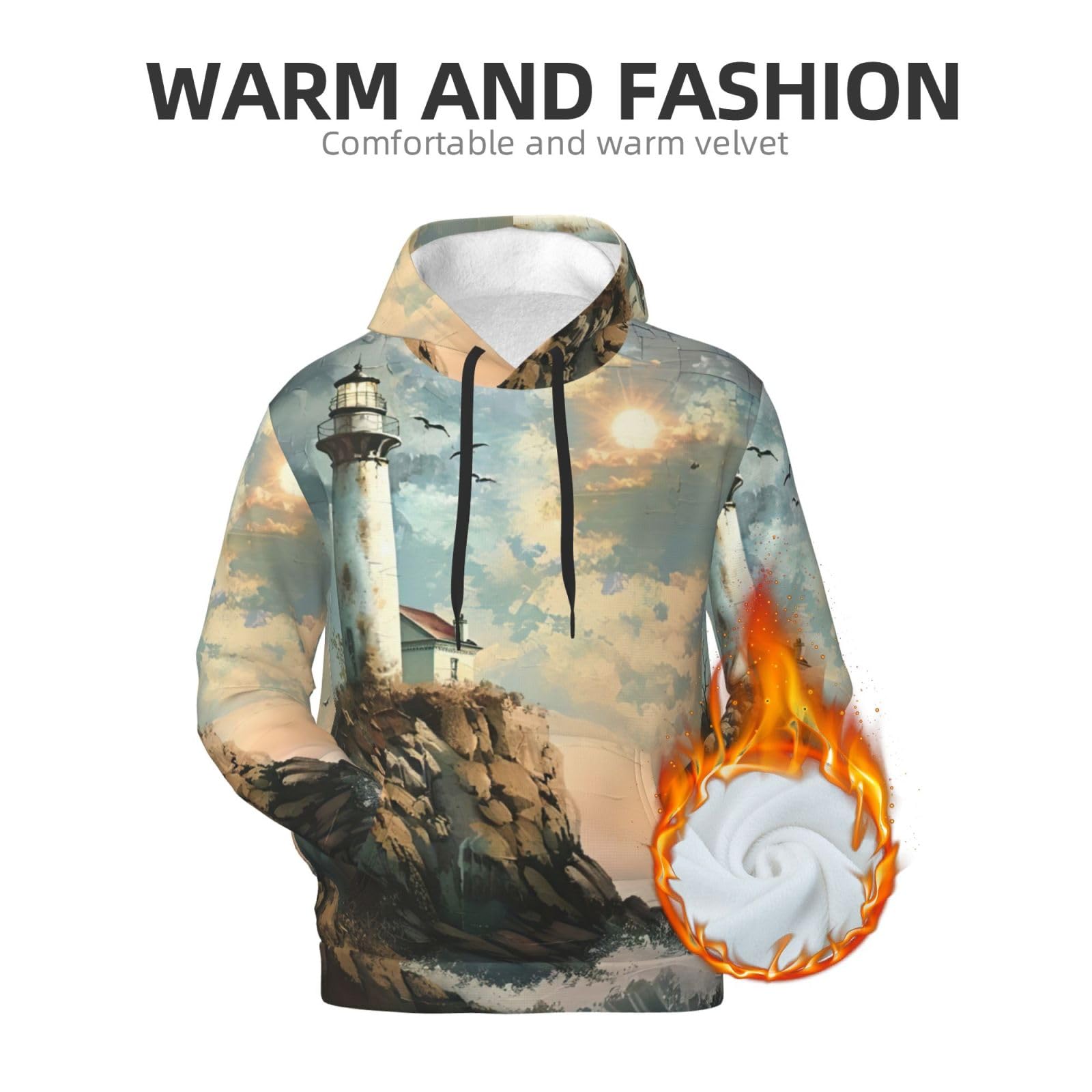 Męska bluza z kapturem z nadrukiem w tle latarni morskiej, casualowa grafika z nadrukiem bluzy z kapturem z kieszenią