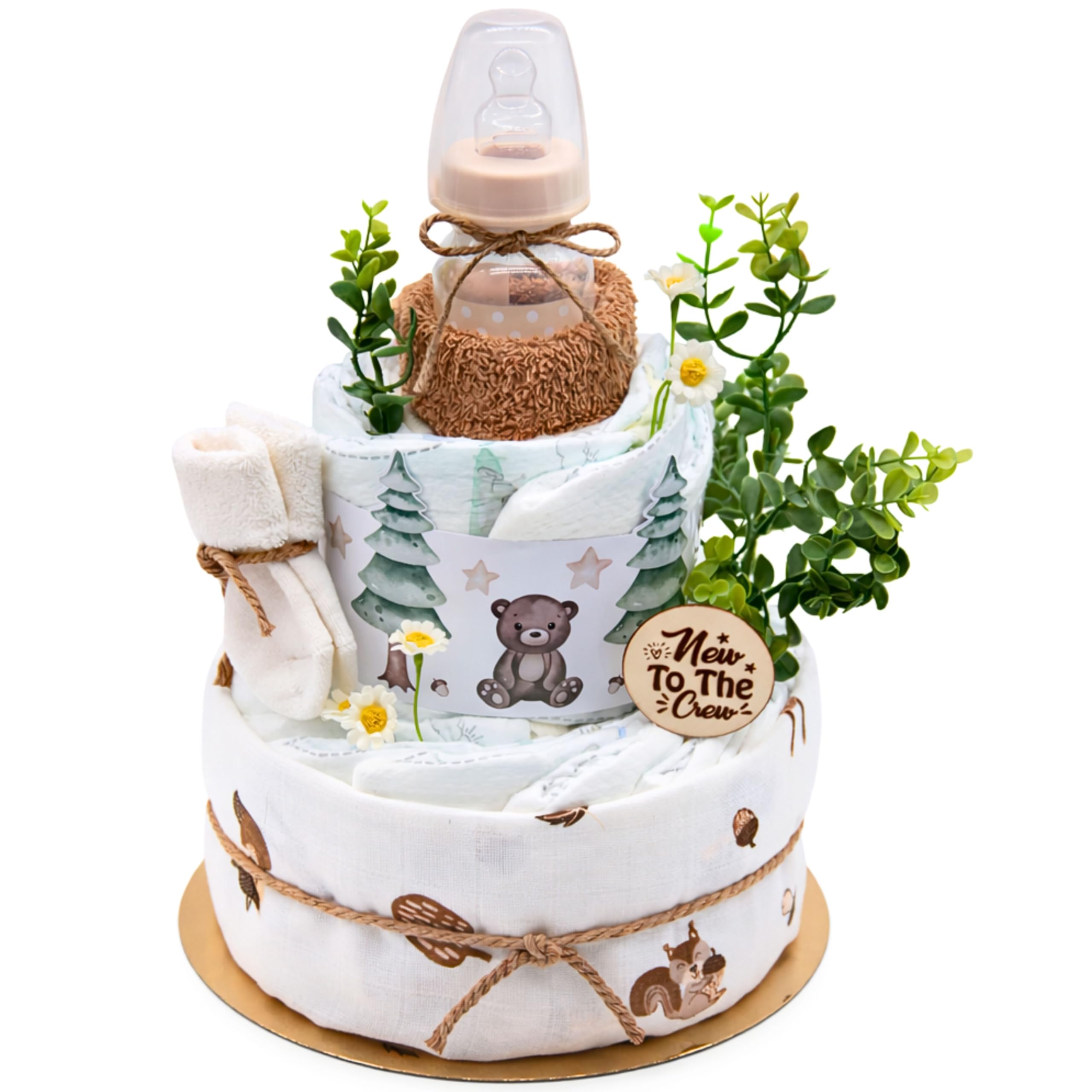 Trend Mama Windeltorte Baby Wald mit Musselintuch, Baby Teeflasche, Spucktuch, Babysocken-Geschenk zur Geburt (Brown)