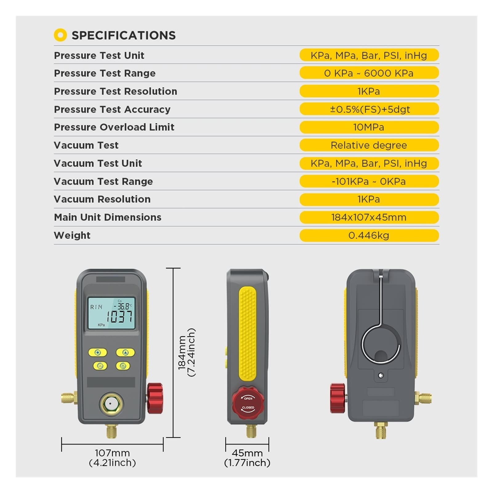 Lm110 Refrigeración Digital Manifold Presión al vacío Calibrador de Temperatura Relleno refrigerante Prueba Fugas HVAC,Alta precisión