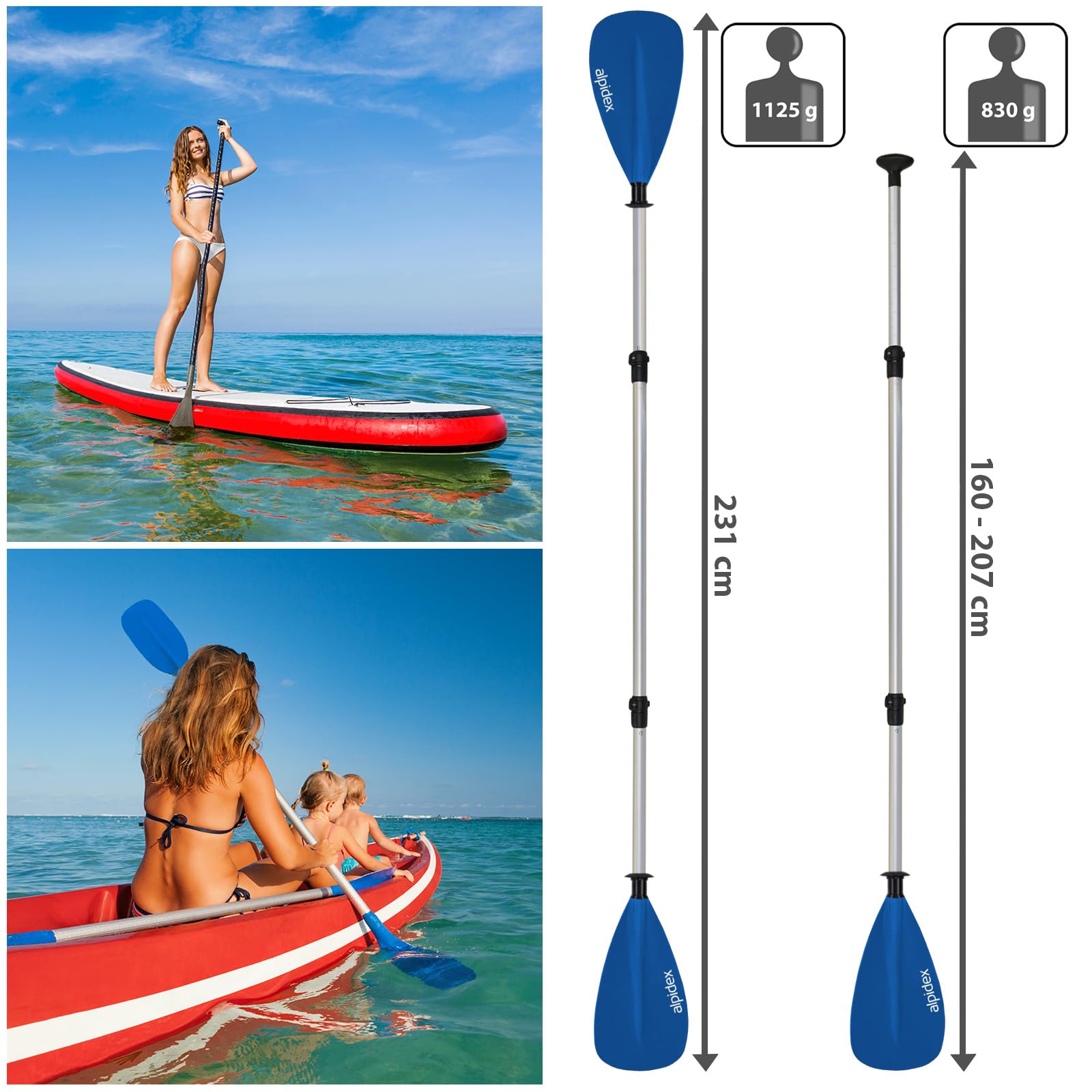 ALPIDEX 2 in 1 Paddel SUP Kajak Verstellbar Leicht Doppelpaddel Teleskoppaddel 160-207cm Aluminium Stechpaddel Stand Up Paddle Board Kajakfahren