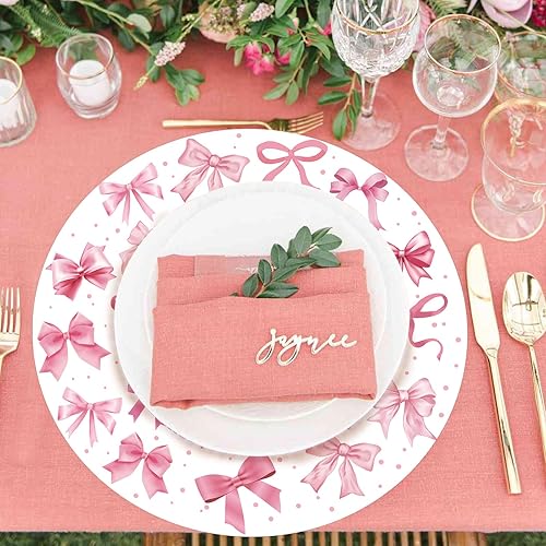Vista 4 de Manteles individuales desechables de papel con lazo rosa, paquete de 50 manteles individuales de 13.4 pulgadas, redondos, decorativos, color rosa
