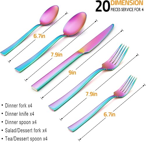Miniatura 2 de E-far Juego de cubiertos mate arcoíris para 4, juego de cubiertos de acero inoxidable de 20 piezas con mango cuadrado, cubiertos coloridos,