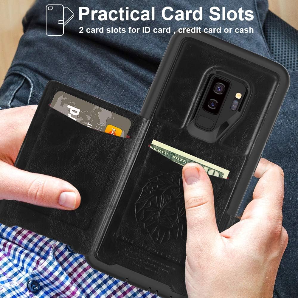 Galaxy S9 Plus Case with Card Holders,SXTech (Leather Cover Series) Slim Yet Protective with Kickstand.Built-In Magnetic Backing Wallet Case Fit for Samsung Galaxy S9 Plus 6.2 Inch (2018) -All Black