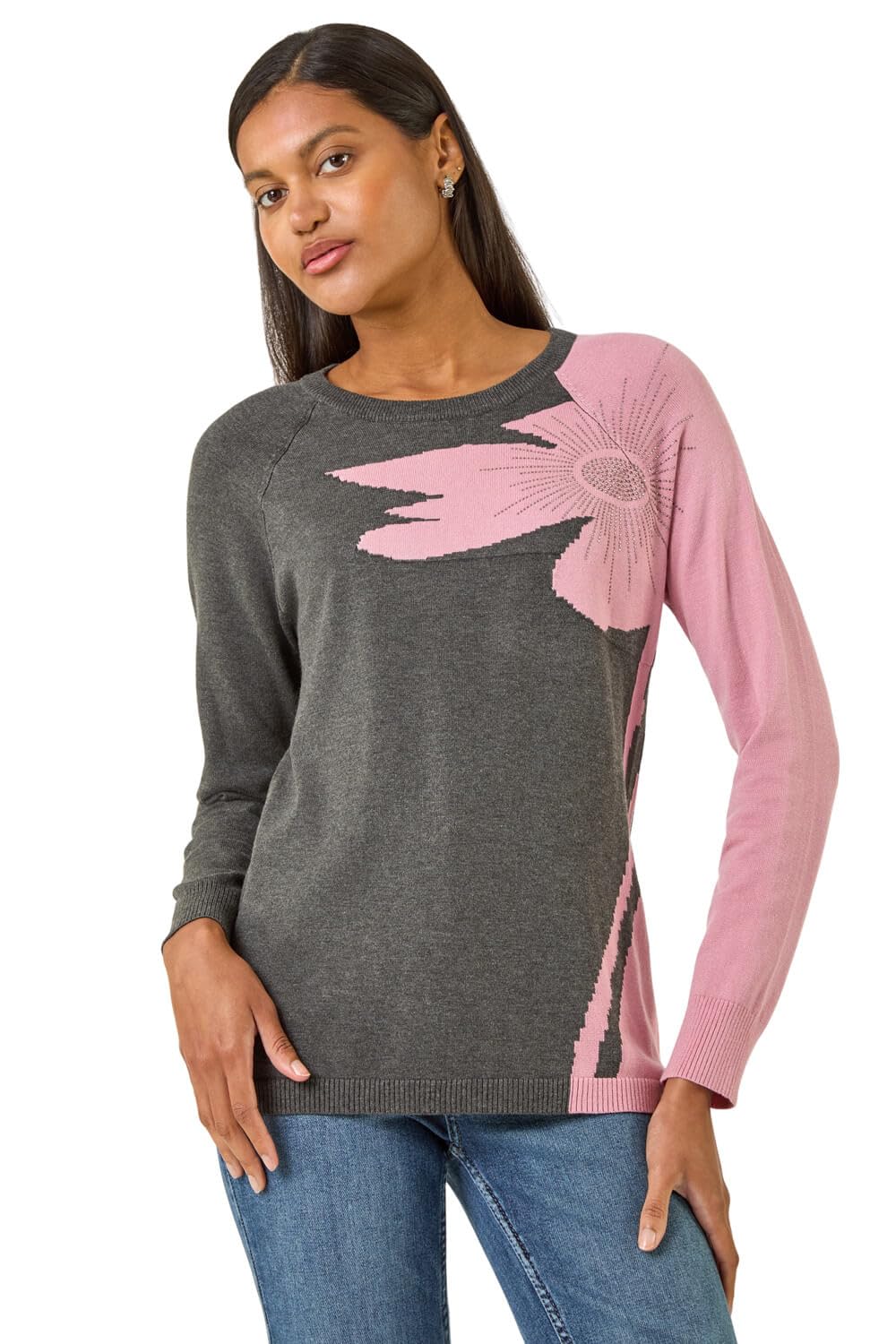 Roman Women's Grey Floral Hotfix Knit Jumper In Size 12