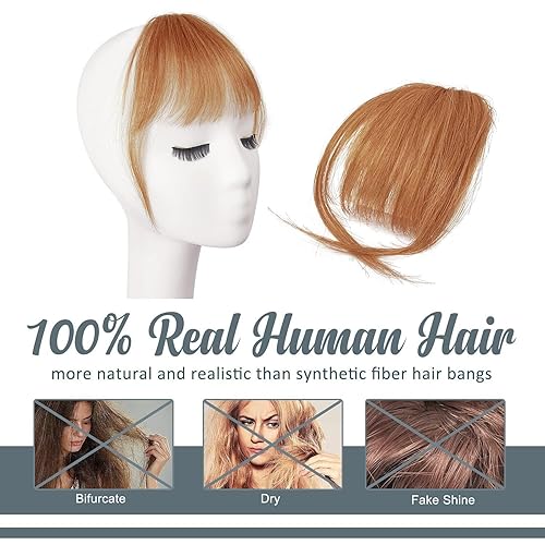 Miniatura 2 de BARSDAR Flequillo de cabello humano real con clip, 100 % cabello humano con clip para mujer, extensiones de flequillo castaño rojizo con varillas