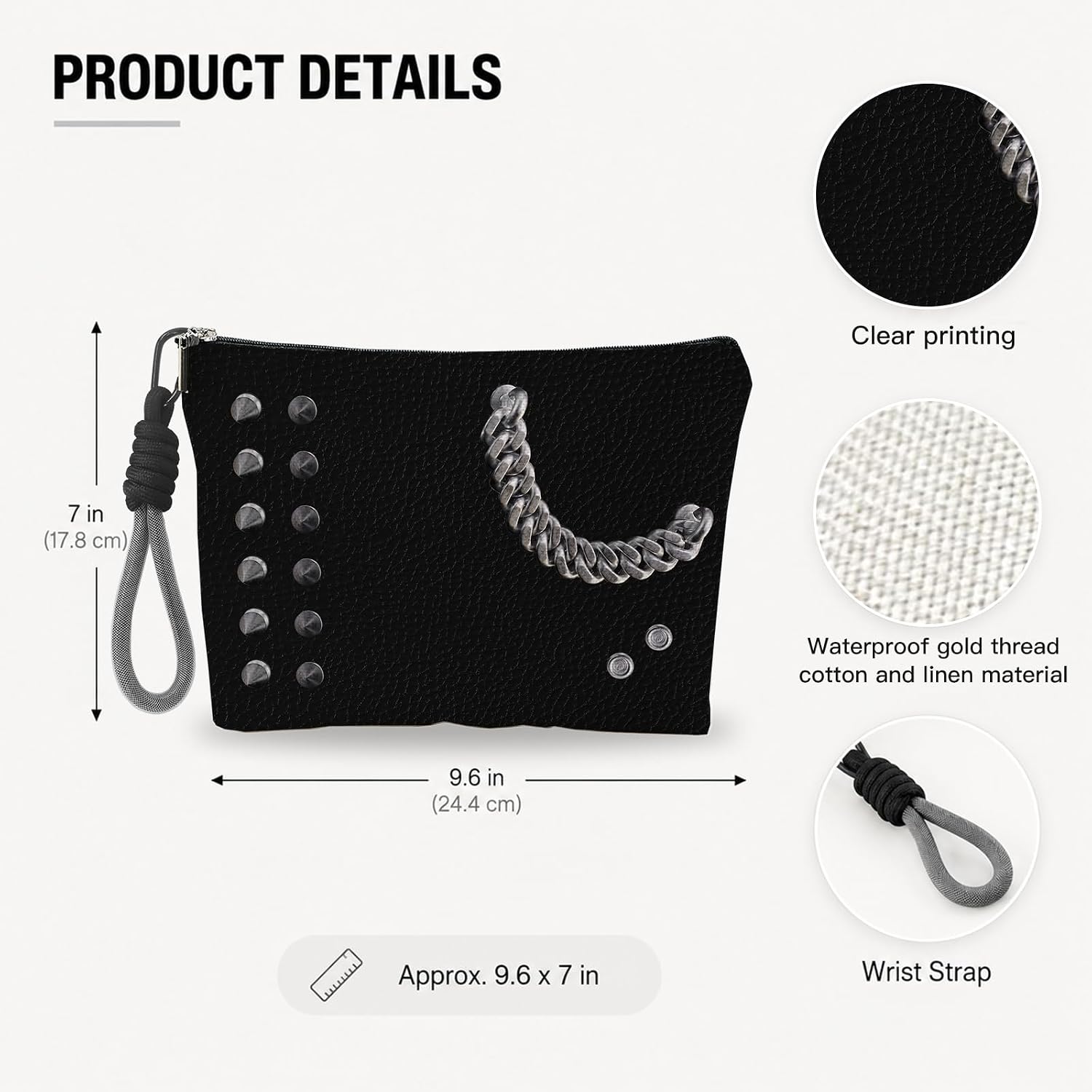 Dark Rivets Chain Makeup Bag for Women, Gothic Cosmetic Bag with Hand Strap, Lined Toiletry Pouch with Zipper For Women, Travel Organizer Bag for Essentials & Accessories - A04 image 2
