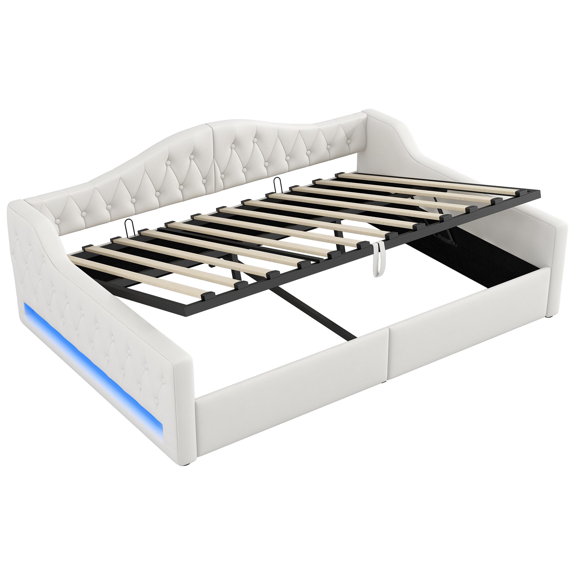 Divano Letto Imbottito 140x200cm, Letto Matrimoniale con illuminazione a LED e Contenitore Idraulico, Rete a doghe, Sofa Bed Beige(Senza materasso)