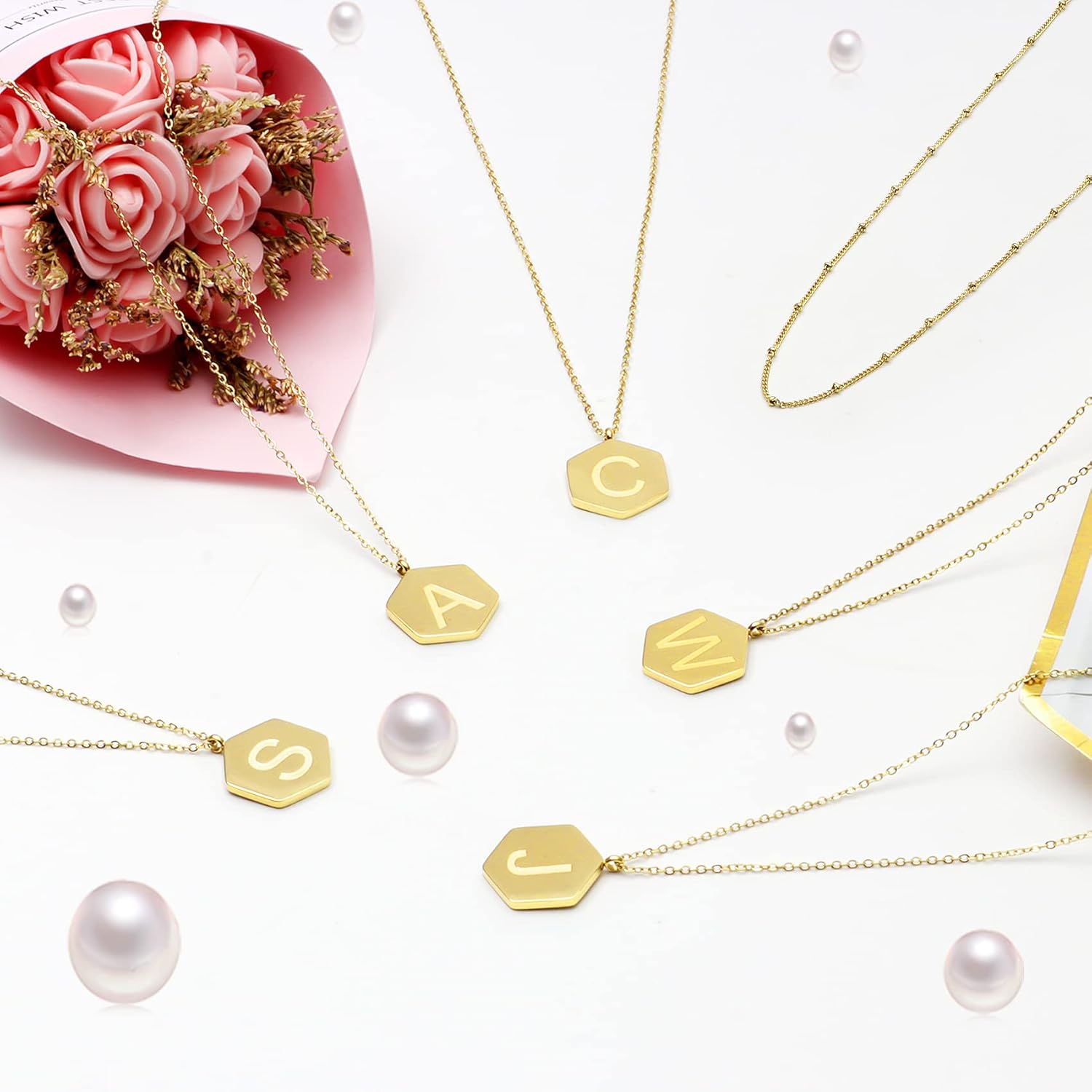 Gold Layered Pendant Necklace Women, 14K Gold Plated Link Chain Initial Personalized Necklaces for Women - Image 5