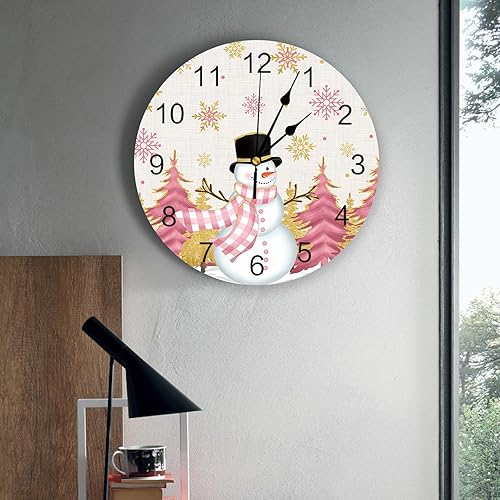 Miniatura 4 de Reloj de pared silencioso sin tictac de 10 pulgadas, color rosa, árbol de Navidad, muñeco de nieve, copo de nieve dorado, funciona con pilas,