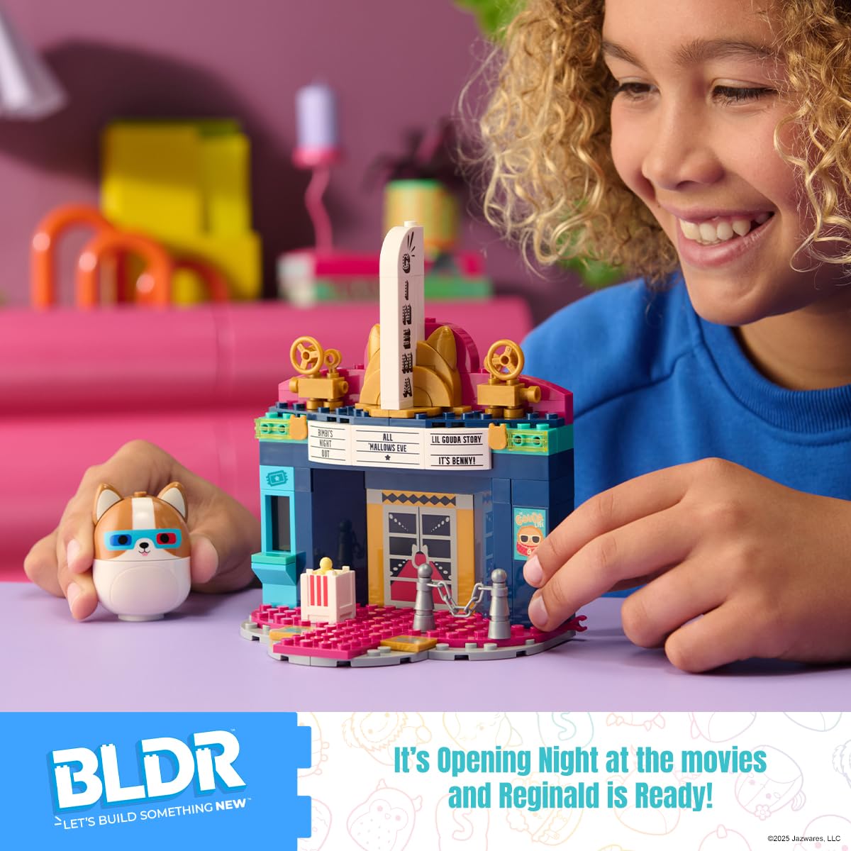 BLDR Squishmallows Set Da Costruzione Reginald Al Cinema, 128 Pezzi, Figura Corgi Con Pancia Schiacciabile, Giocattolo Per Bambini 8+