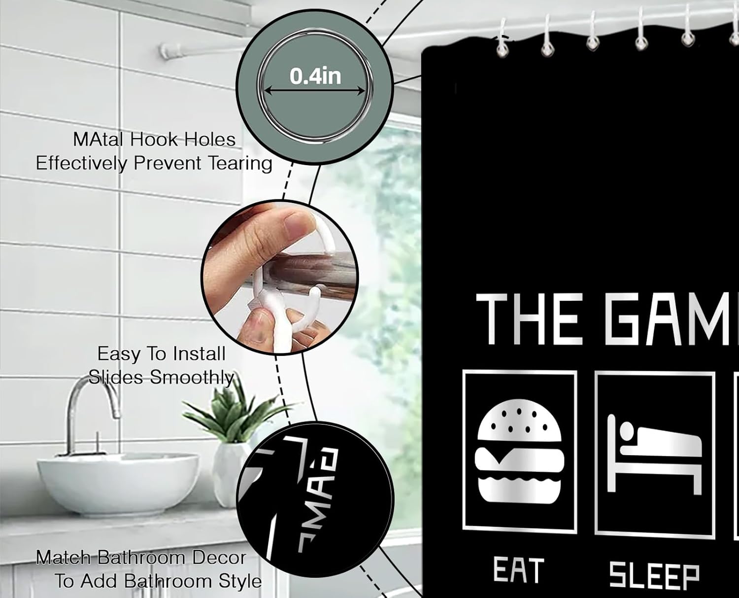 Game Life Extra Long Shower Curtain for Bathroom Decor,Black White Gamer Controller Vedio Funny Quote Eat Sleep Game Repeat Creative Teens Fabric Curtain with Hooks,70x78 Inch