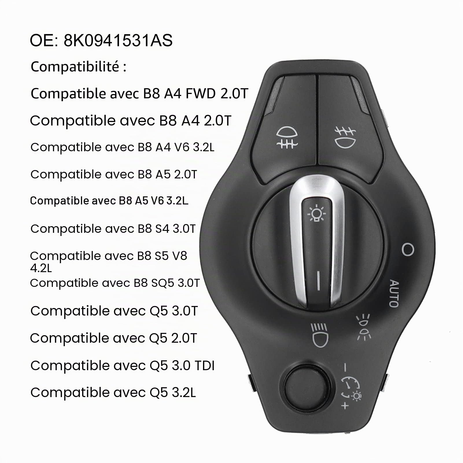 Interrupteur de Phare, 8K0941531AS, Accessoire de Remplacement de Commutateur de Commande de Phare de Voiture Adapté pour A4 A5 S4 S5 Q5